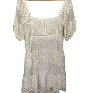 Free People Large White Lace Short Sleeve Mini Dress Event Bridal Shower Party